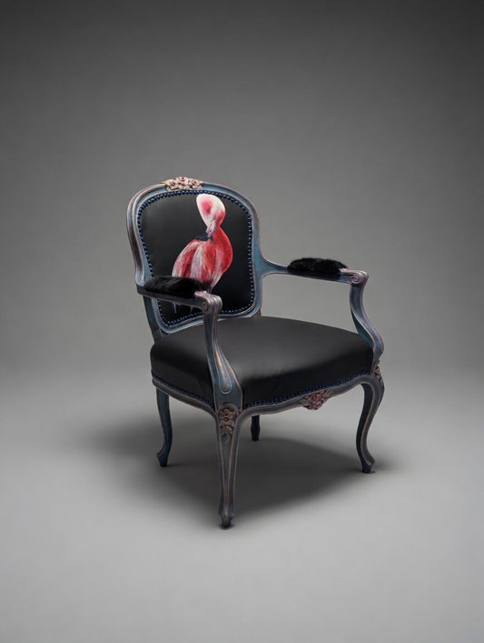 Antique Armchair | Re-Designed| Flamingo Set | Black Leather | Mink Armrests | Handmade | KiyanStudio