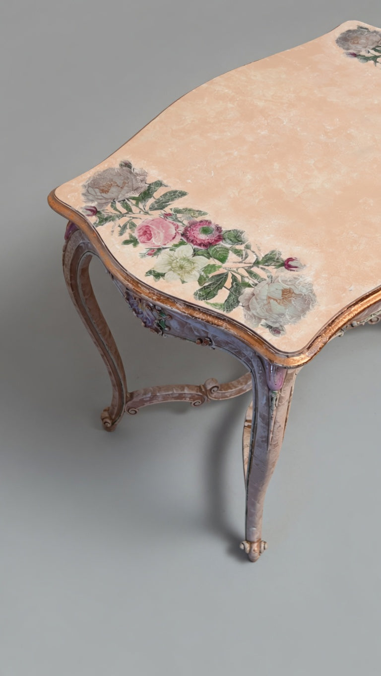 Vintage French Provincial Painted Table | Shabby Chic Floral Console Table | Ornate Rococo Vanity Desk with Hand-Painted Roses