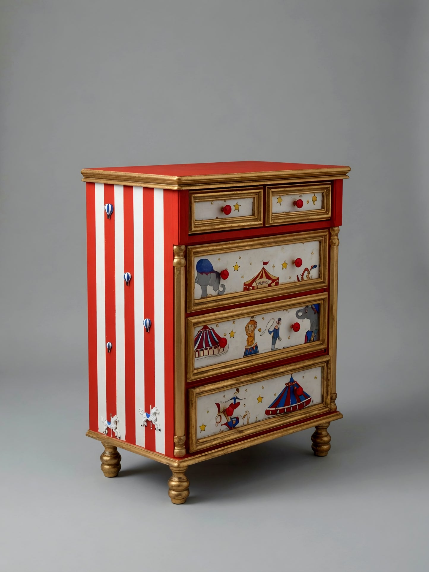 Vintage Circus Dresser | Hand-Painted Circus Theme Chest of Drawers | Red & Gold Circus Nursery or Bedroom Furniture