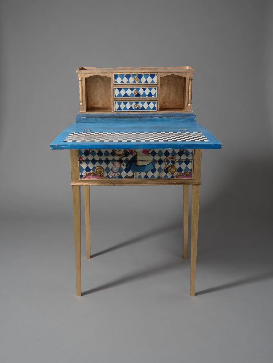 Antique Mini Desk | Re-Designed | Alice in Wonderland | Decoupage | Bright Design | Writing Table | Kids Room | Handmade