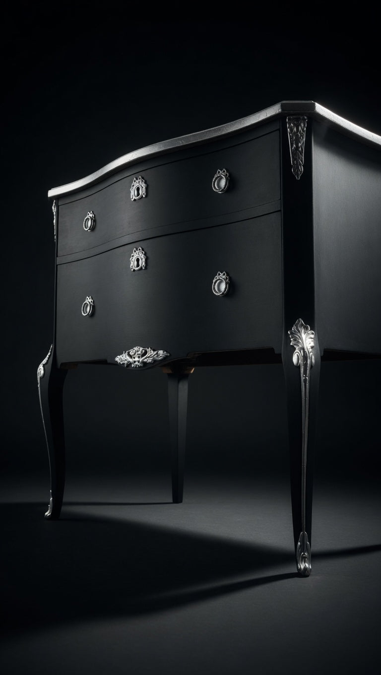 Hand-Painted Black Dresser – Silver Chandelier Motif, Rococo Chest of Drawers