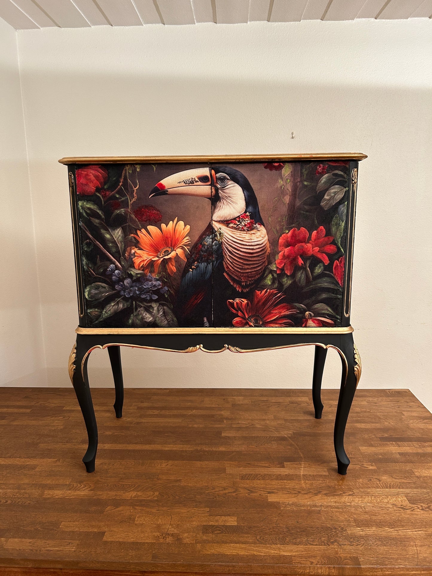 Handmade Toucan Tropical Cabinet | Decoupage Linen-Cotton, Black & Gold Baroque Accent