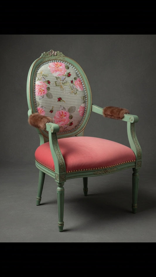 Antique armchair | Re-Designed | Pink Velvet | Turquoise Paint | Handmade | Cotton Fabric Print