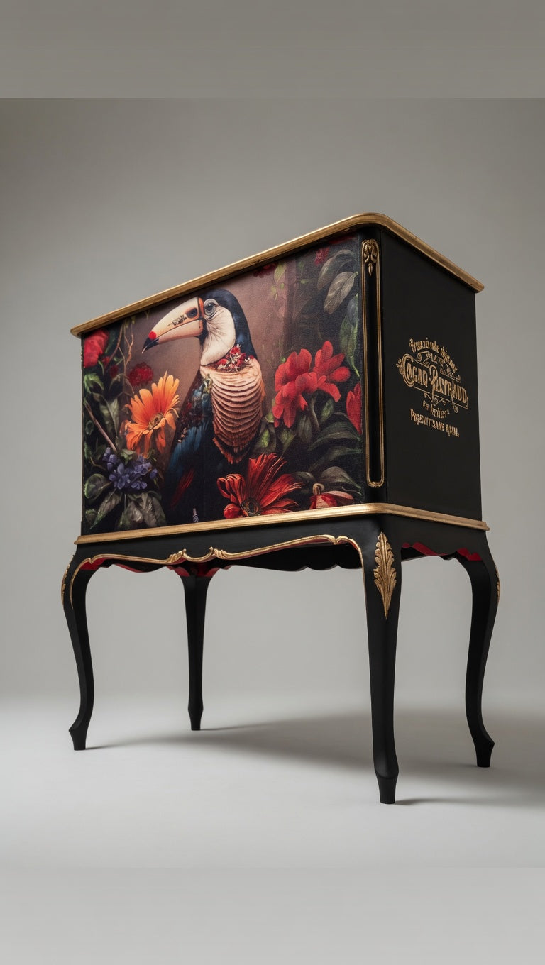 Handmade Toucan Tropical Cabinet | Decoupage Linen-Cotton, Black & Gold Baroque Accent