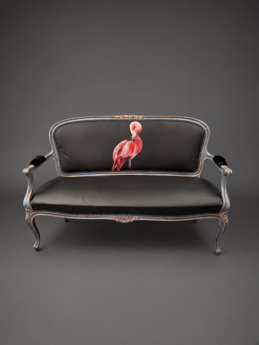Antique Sofa | Re-Designed | Flamingo Set | Black Leather | Decoupage | Mink Armrests | Handmade