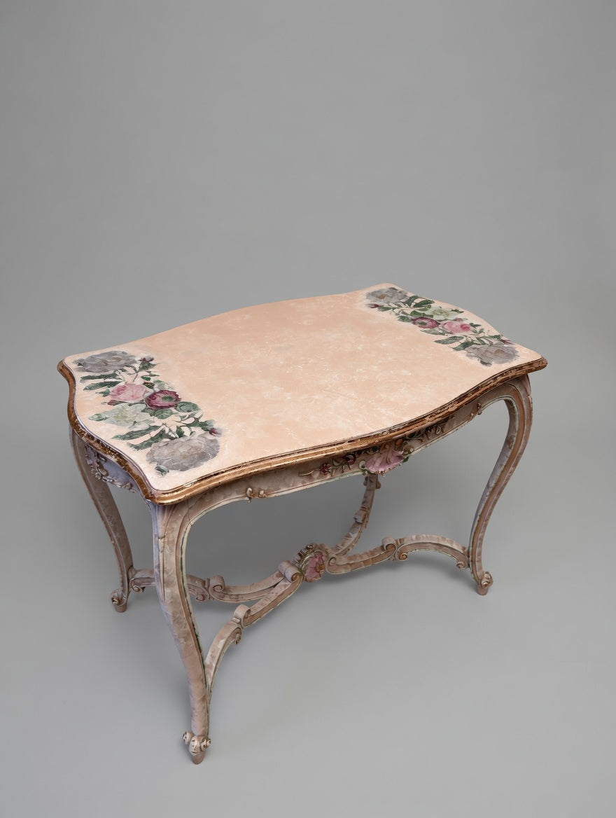 Vintage French Provincial Painted Table | Shabby Chic Floral Console Table | Ornate Rococo Vanity Desk with Hand-Painted Roses