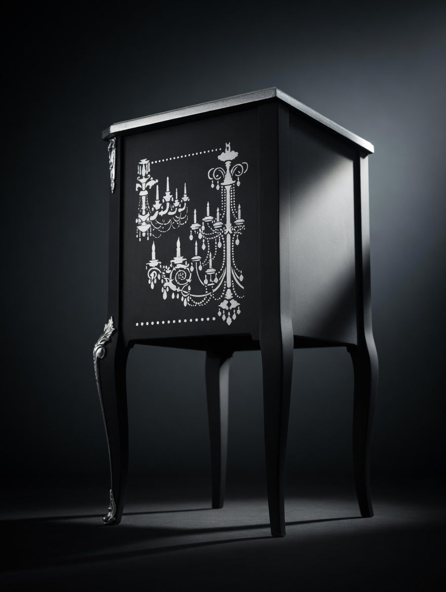 Hand-Painted Black Dresser – Silver Chandelier Motif, Rococo Chest of Drawers