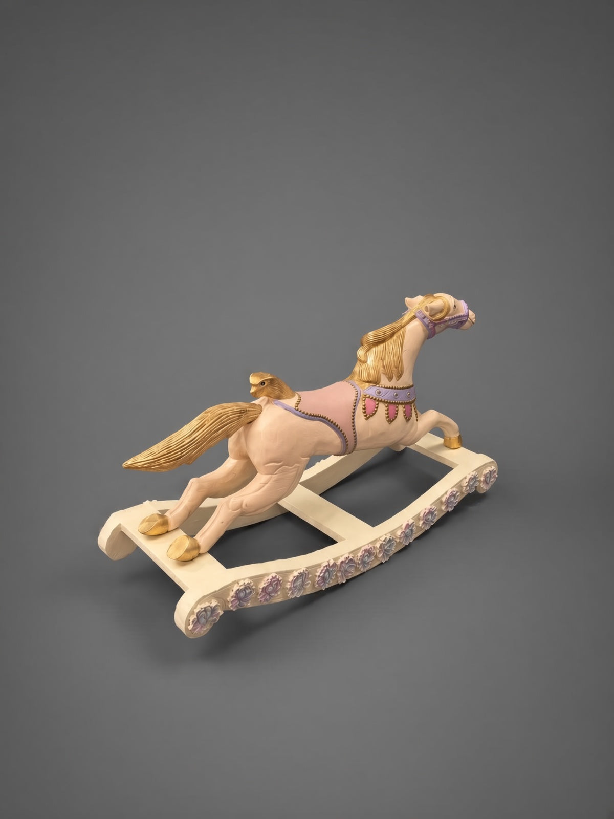 Hand-painted antique rocking horse in cream, pink and gold, Kiyan Studio