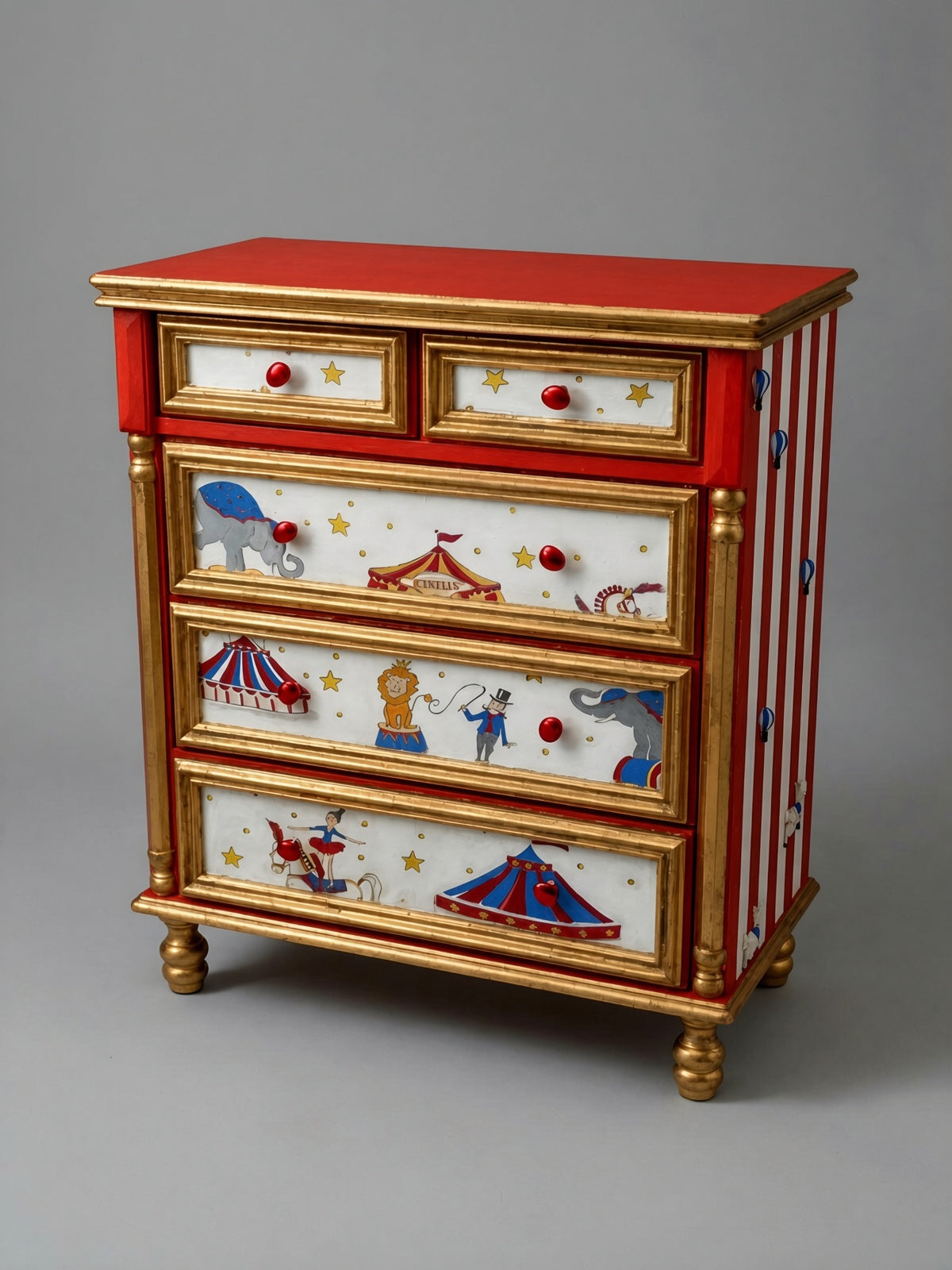 Vintage Circus Dresser | Hand-Painted Circus Theme Chest of Drawers | Red & Gold Circus Nursery or Bedroom Furniture