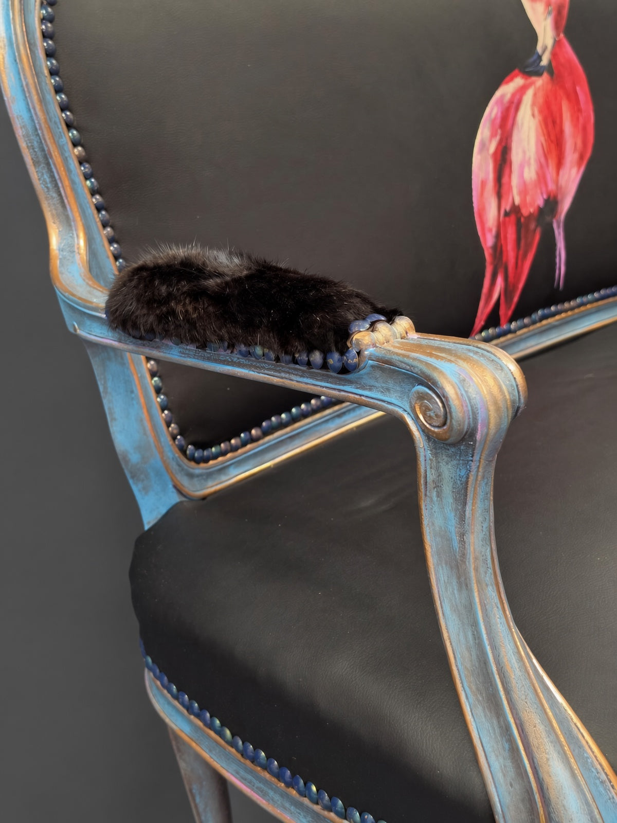 Antique Sofa | Re-Designed | Flamingo Set | Black Leather | Decoupage | Mink Armrests | Handmade