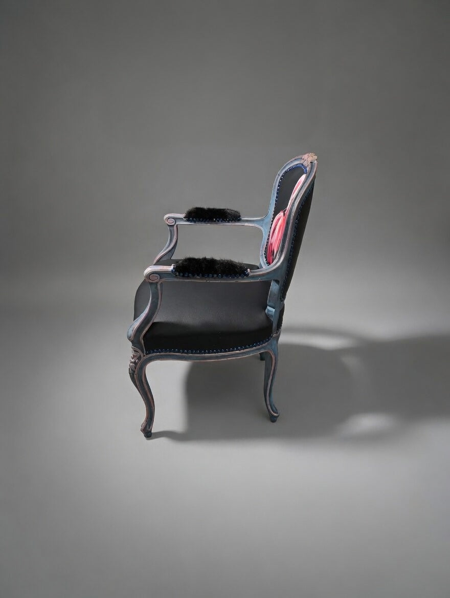 Antique Armchair | Re-Designed| Flamingo Set | Black Leather | Mink Armrests | Handmade | KiyanStudio