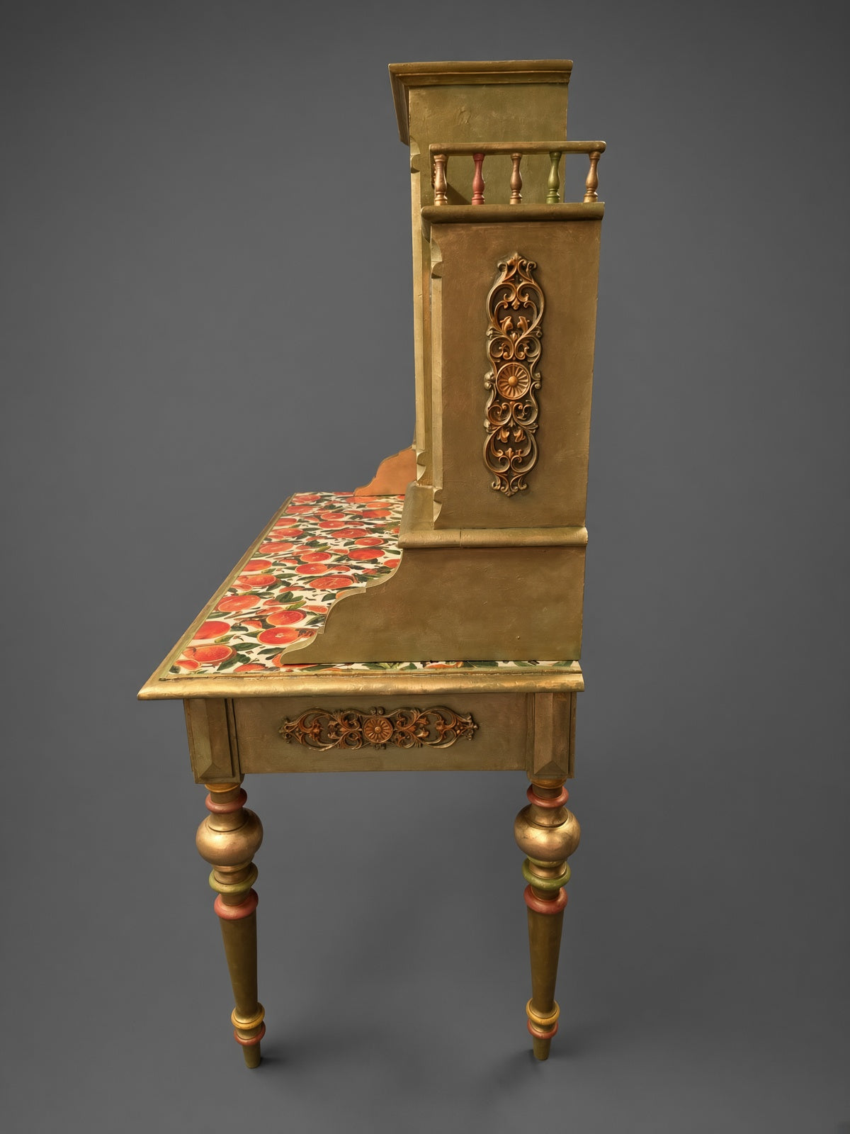 Antique Norwegian Secretary Desk | Restored Gold & Green Fruit Decoupage