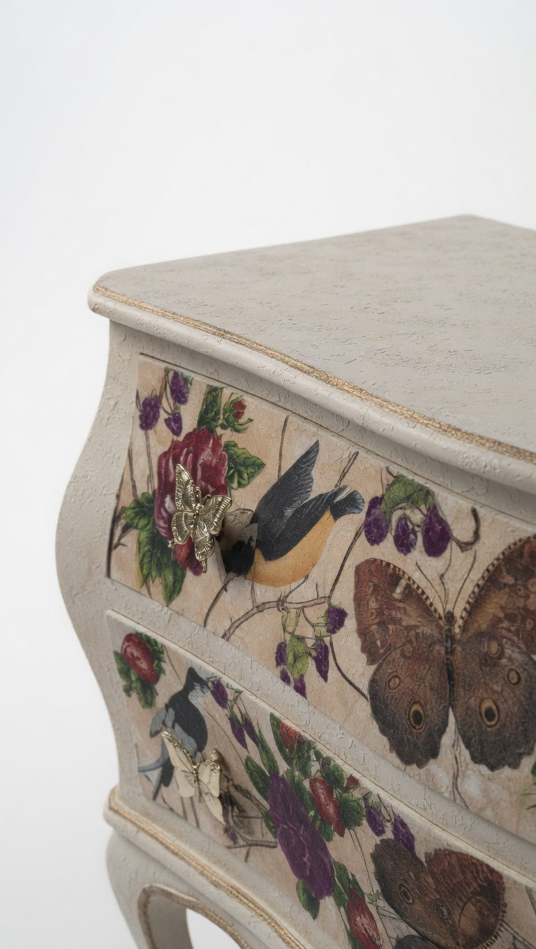 Antique French Bombe Chest | Heavy Walnut Interior | Napkin Decoupage Nightstand