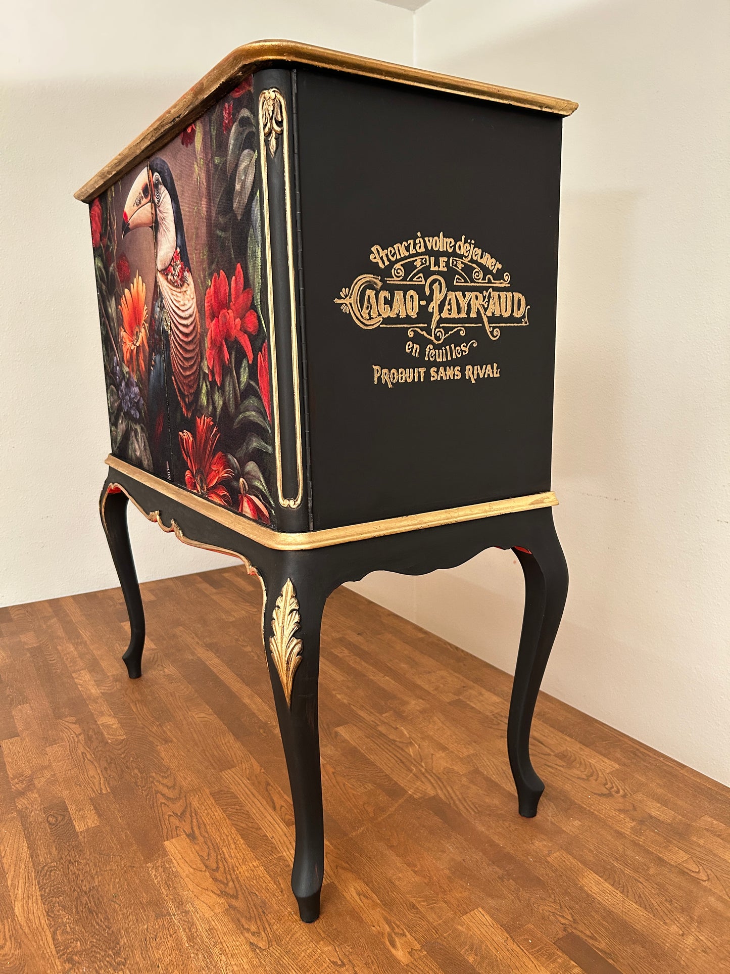 Handmade Toucan Tropical Cabinet | Decoupage Linen-Cotton, Black & Gold Baroque Accent