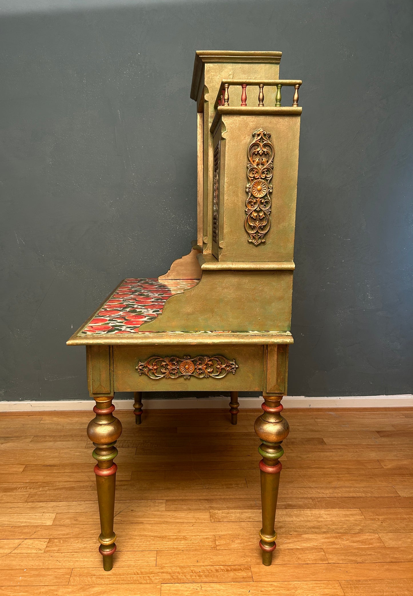 Antique Desk | Re-Designed | Secretary Table | Writing Furniture | Green&Gold Finish | Velvet Interior | Handmade | KiyanStudio