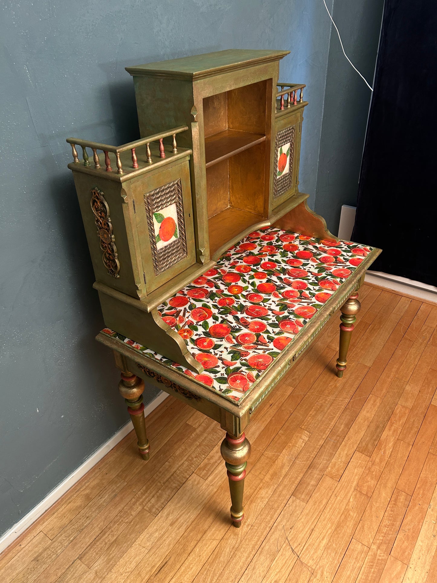 Antique Desk | Re-Designed | Secretary Table | Writing Furniture | Green&Gold Finish | Velvet Interior | Handmade | KiyanStudio