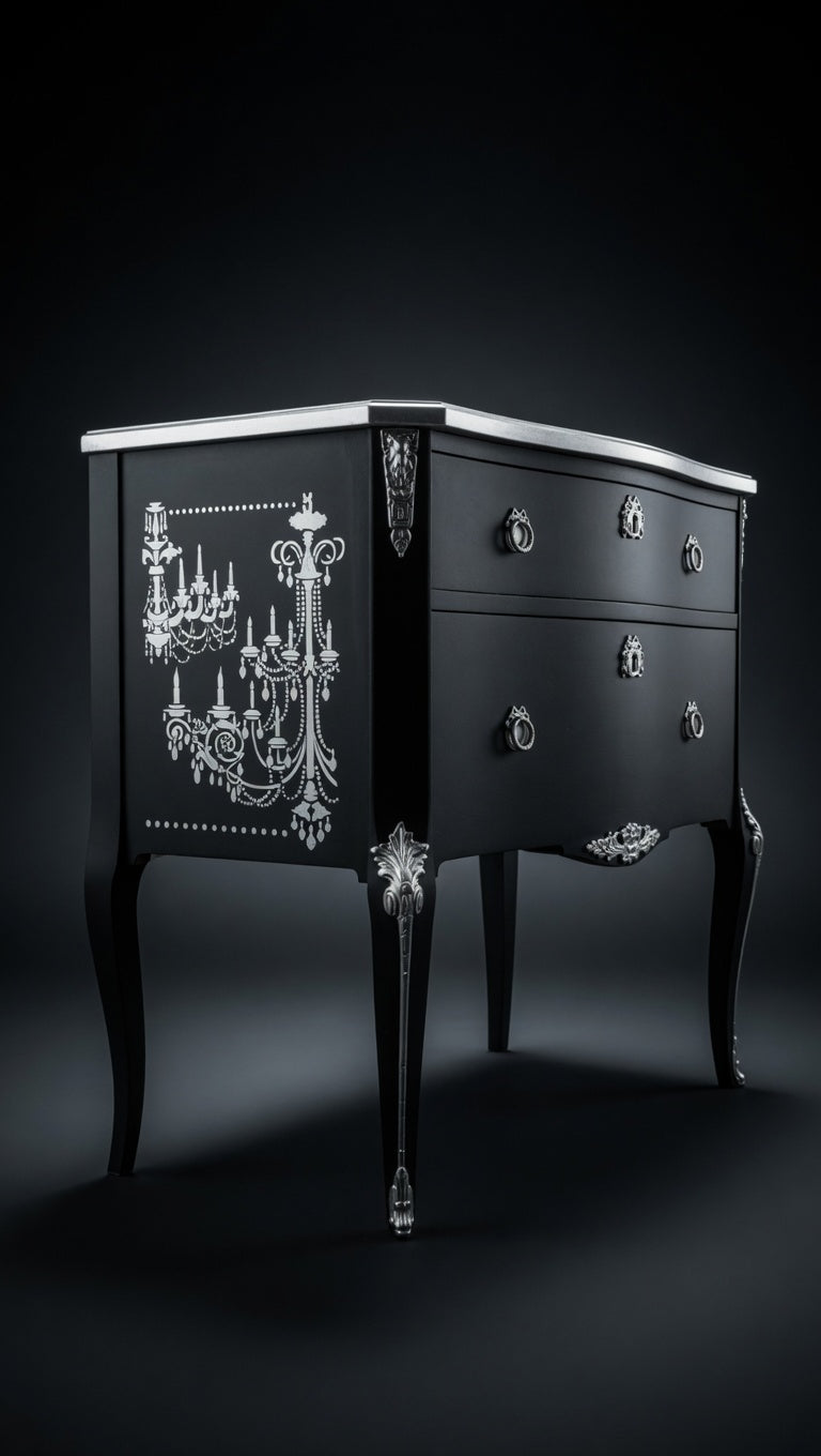 Hand-Painted Black Dresser – Silver Chandelier Motif, Rococo Chest of Drawers