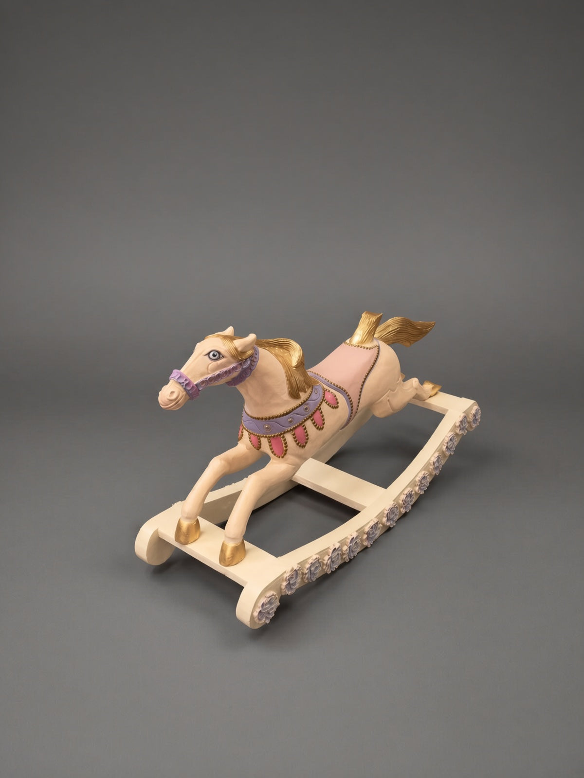 Hand-painted antique rocking horse in cream, pink and gold, Kiyan Studio