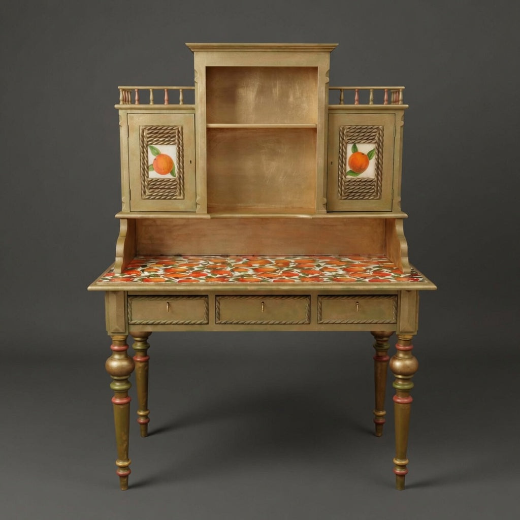 Antique Norwegian Secretary Desk | Restored Gold & Green Fruit Decoupage