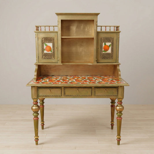 Antique Norwegian Secretary Desk | Restored Gold & Green Fruit Decoupage