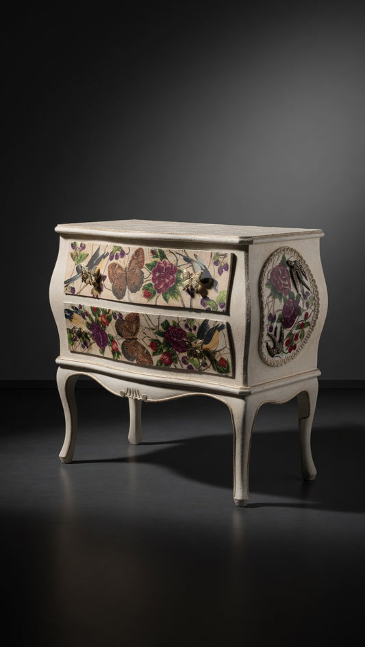 Antique French Bombe Chest | Heavy Walnut Interior | Napkin Decoupage Nightstand