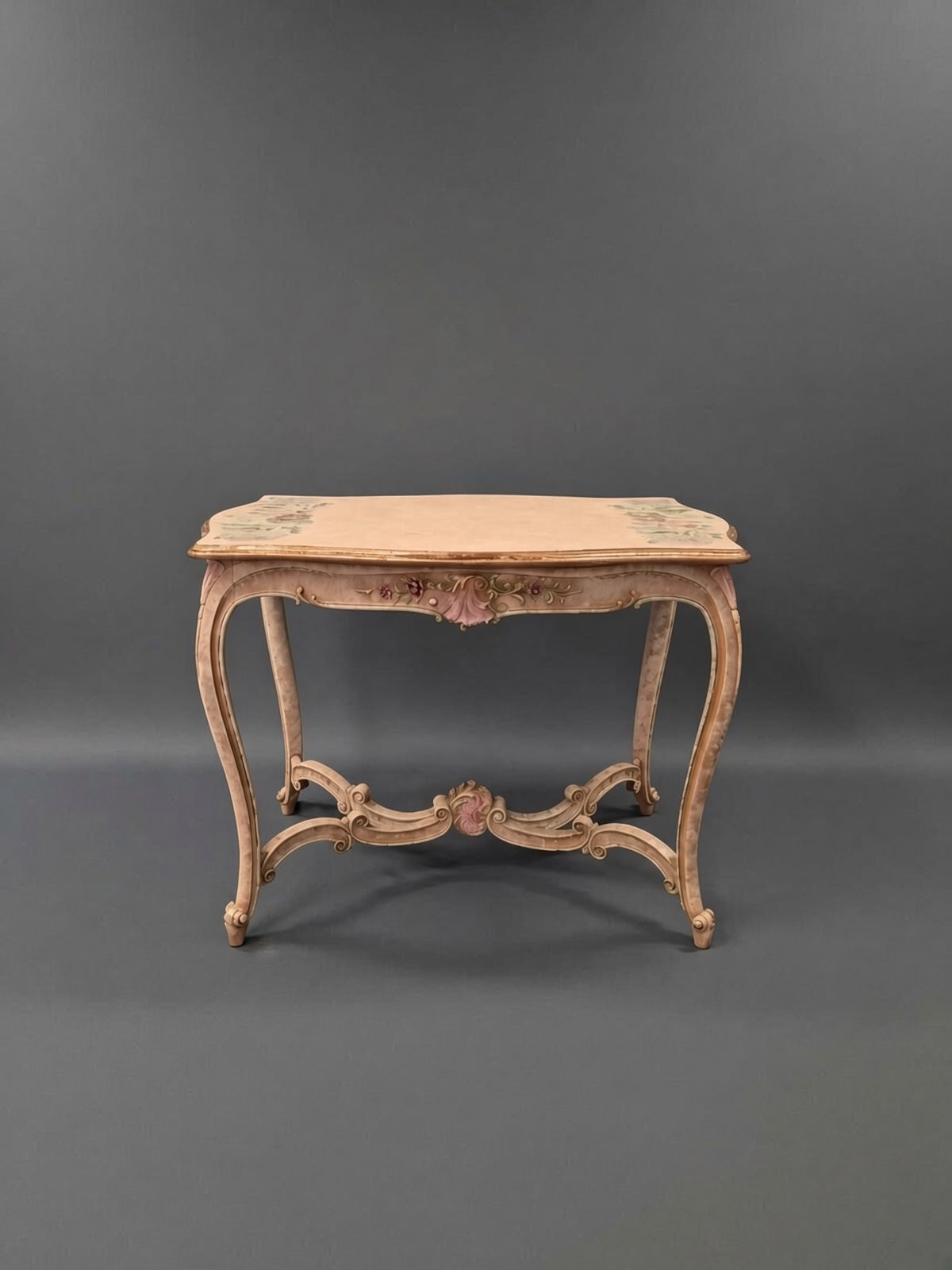 Vintage French Provincial Painted Table | Shabby Chic Floral Console Table | Ornate Rococo Vanity Desk with Hand-Painted Roses