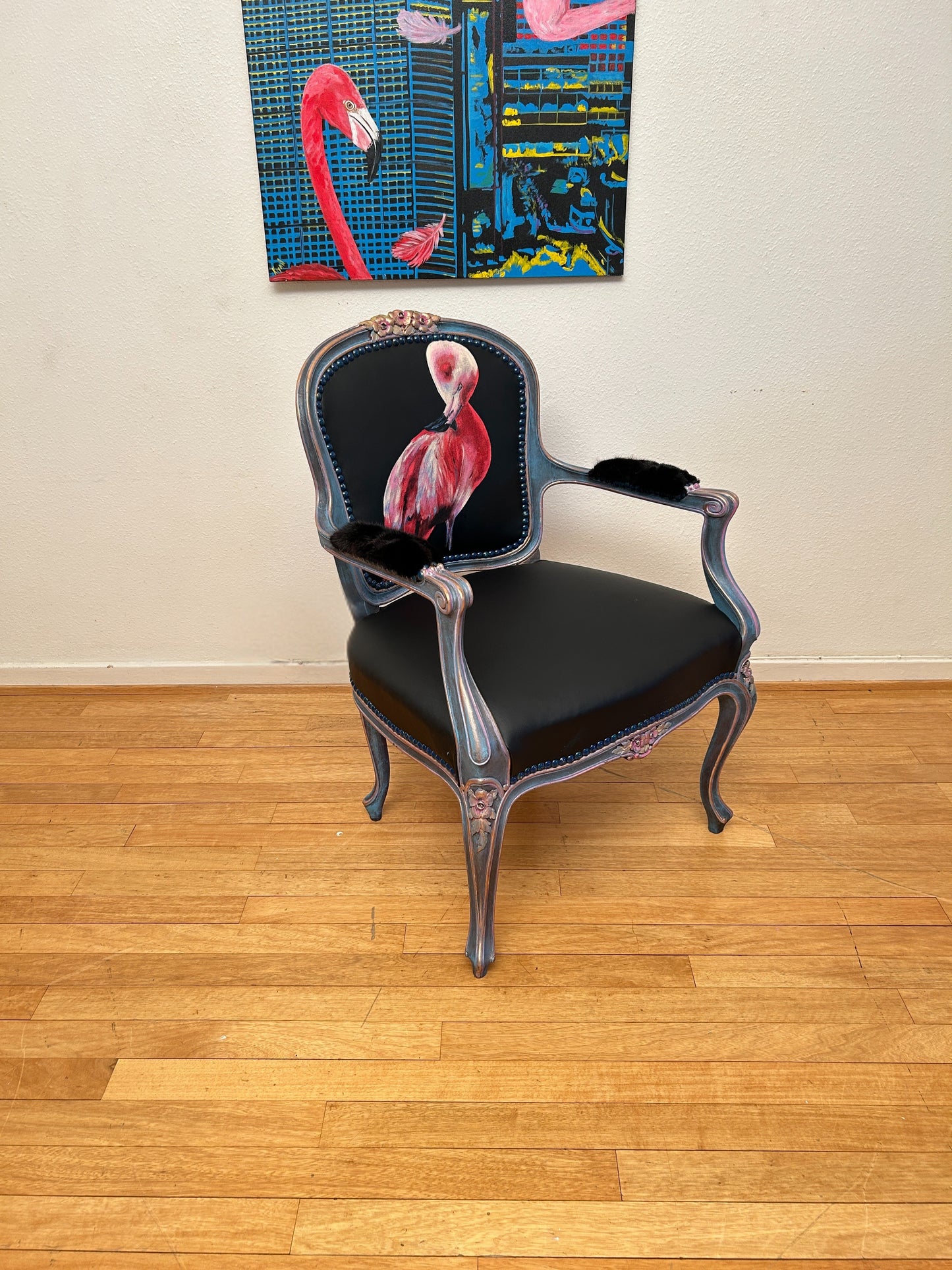 Antique Armchair | Re-Designed| Flamingo Set | Black Leather | Mink Armrests | Handmade | KiyanStudio
