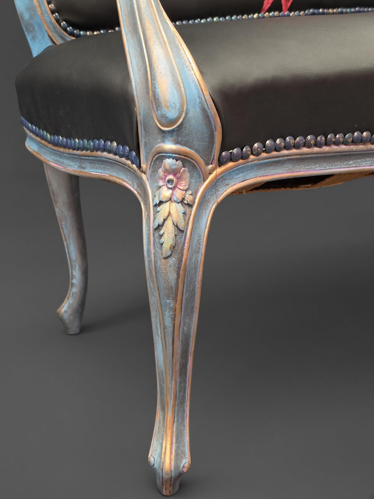Antique Sofa | Re-Designed | Flamingo Set | Black Leather | Decoupage | Mink Armrests | Handmade