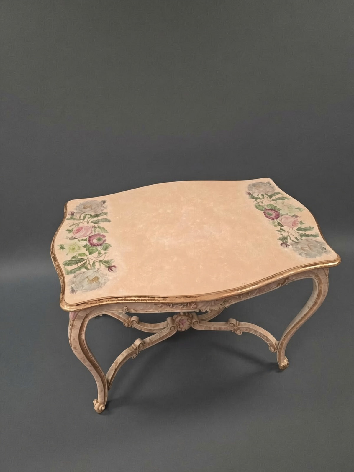 Vintage French Provincial Painted Table | Shabby Chic Floral Console Table | Ornate Rococo Vanity Desk with Hand-Painted Roses