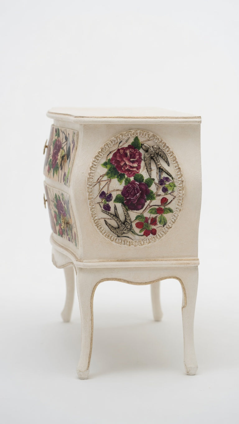 Antique French Bombe Chest | Heavy Walnut Interior | Napkin Decoupage Nightstand