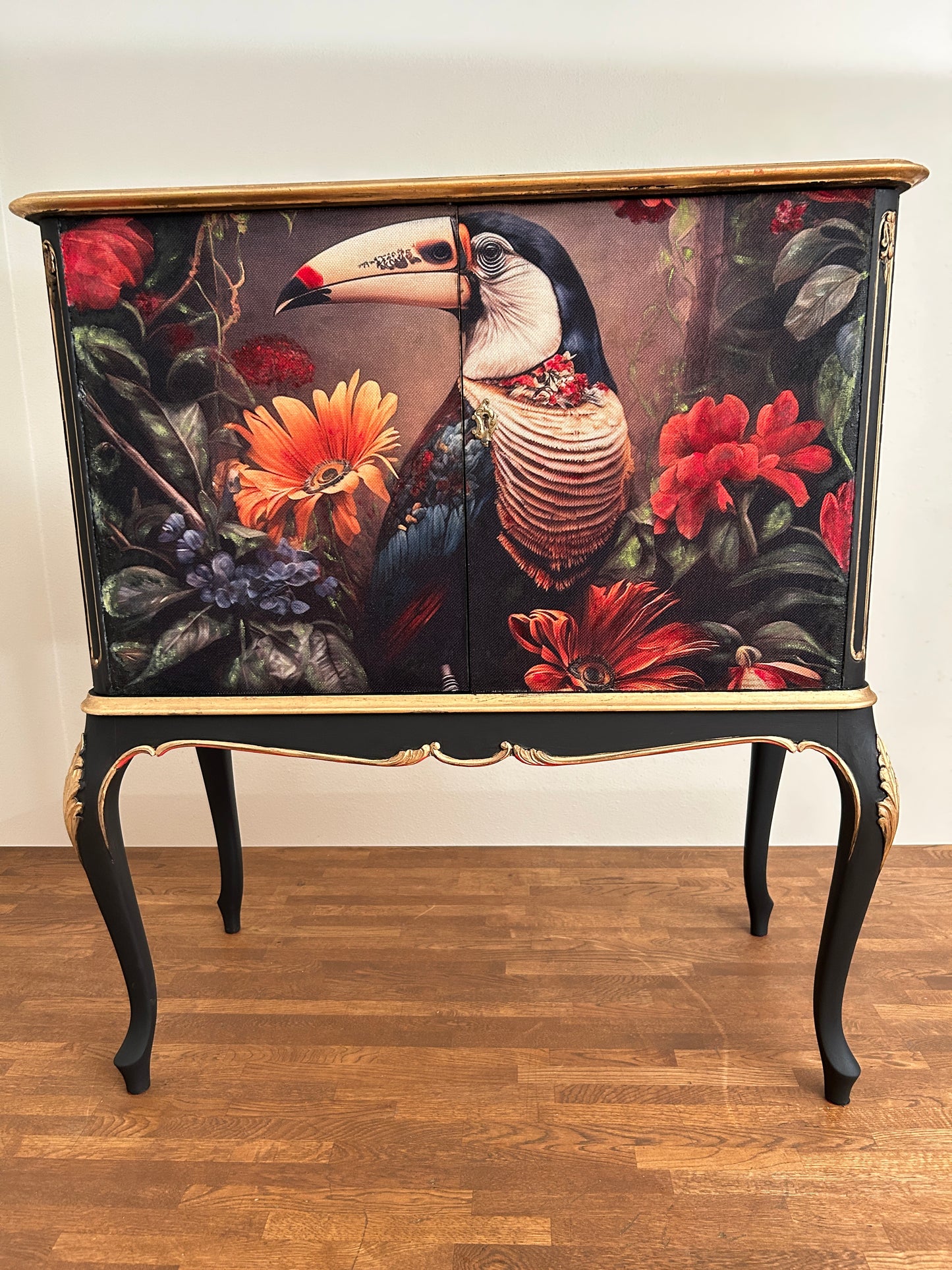 Handmade Toucan Tropical Cabinet | Decoupage Linen-Cotton, Black & Gold Baroque Accent