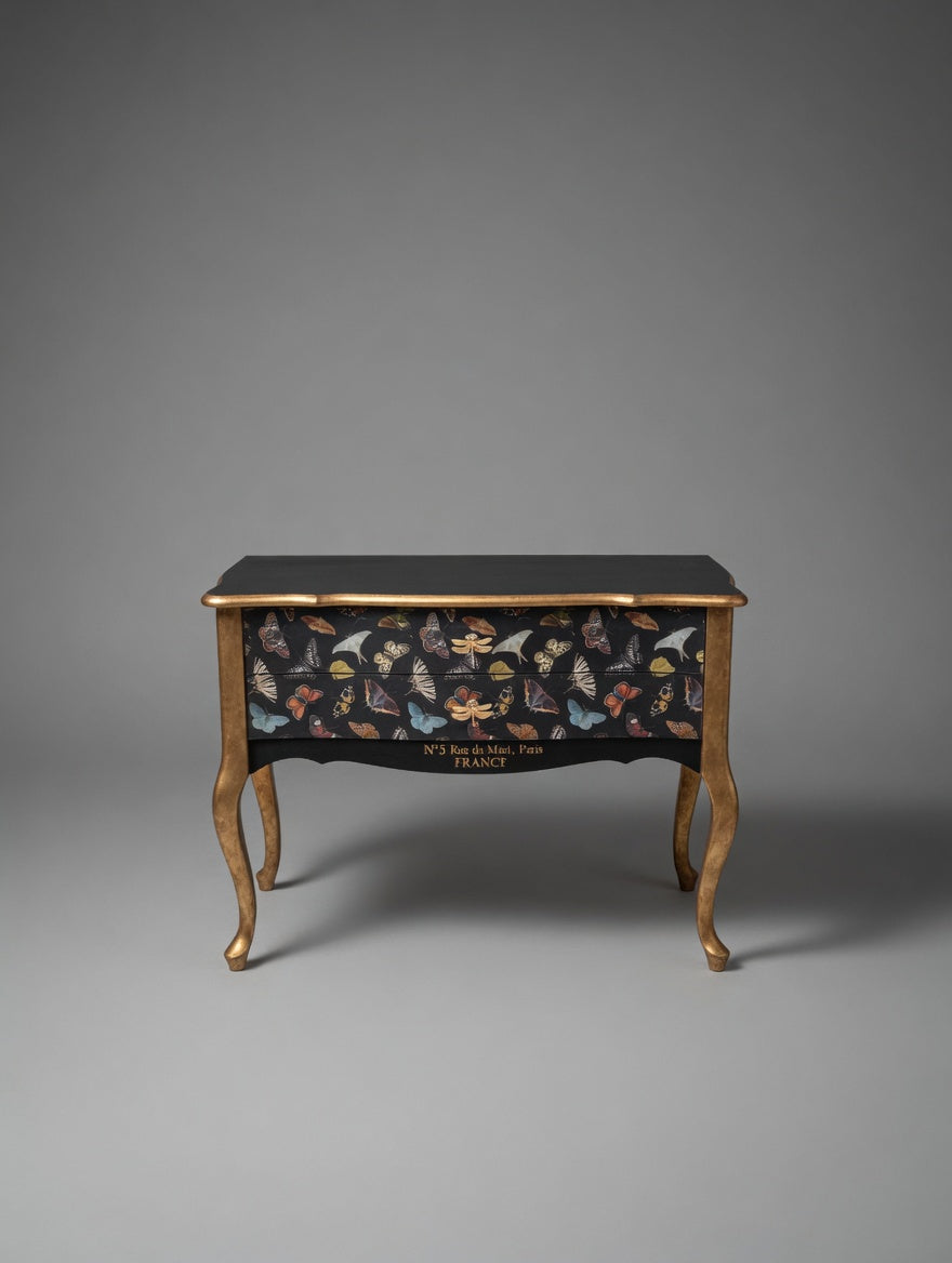 Antique Dresser | Re-Designed | Butterfly Decoupage | Gold Finish | Nightstand | Lingerie Chest | Bedroom Kommode | Handmade