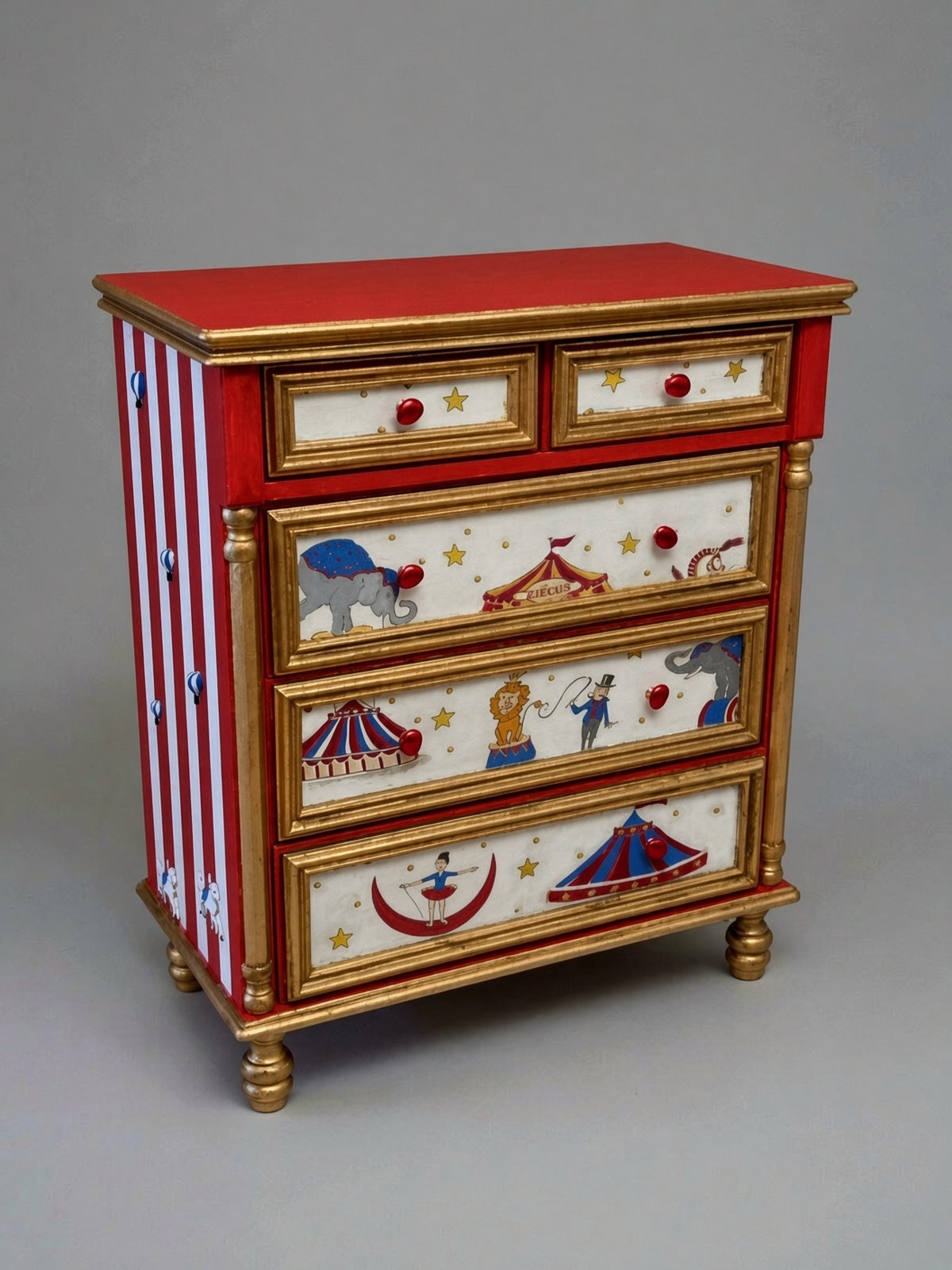 Vintage Circus Dresser | Hand-Painted Circus Theme Chest of Drawers | Red & Gold Circus Nursery or Bedroom Furniture