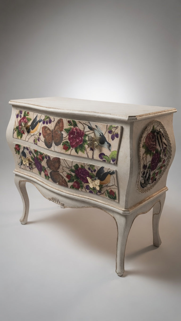 Antique French Bombe Chest | Heavy Walnut Interior | Napkin Decoupage Nightstand