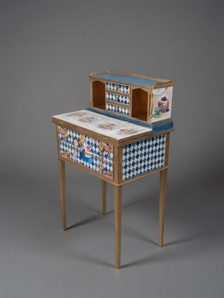 Antique Mini Desk | Re-Designed | Alice in Wonderland | Decoupage | Bright Design | Writing Table | Kids Room | Handmade