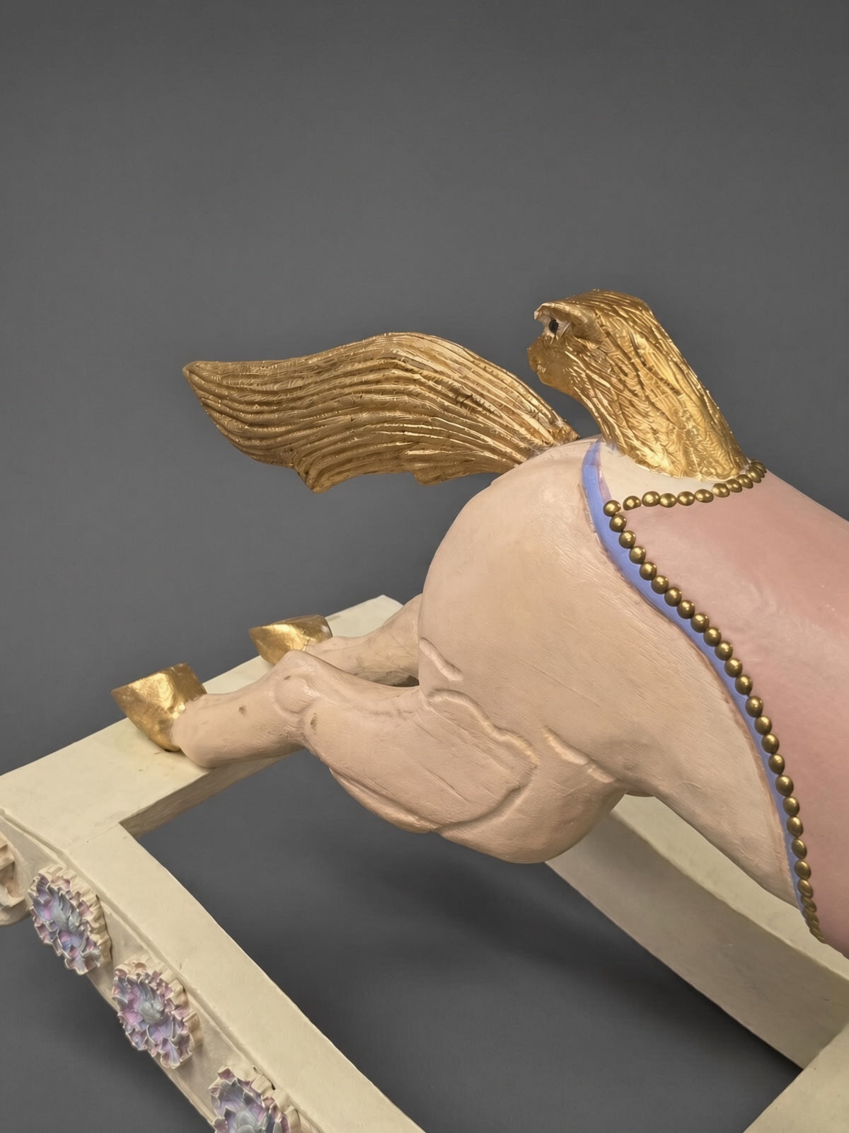 Hand-painted antique rocking horse in cream, pink and gold, Kiyan Studio