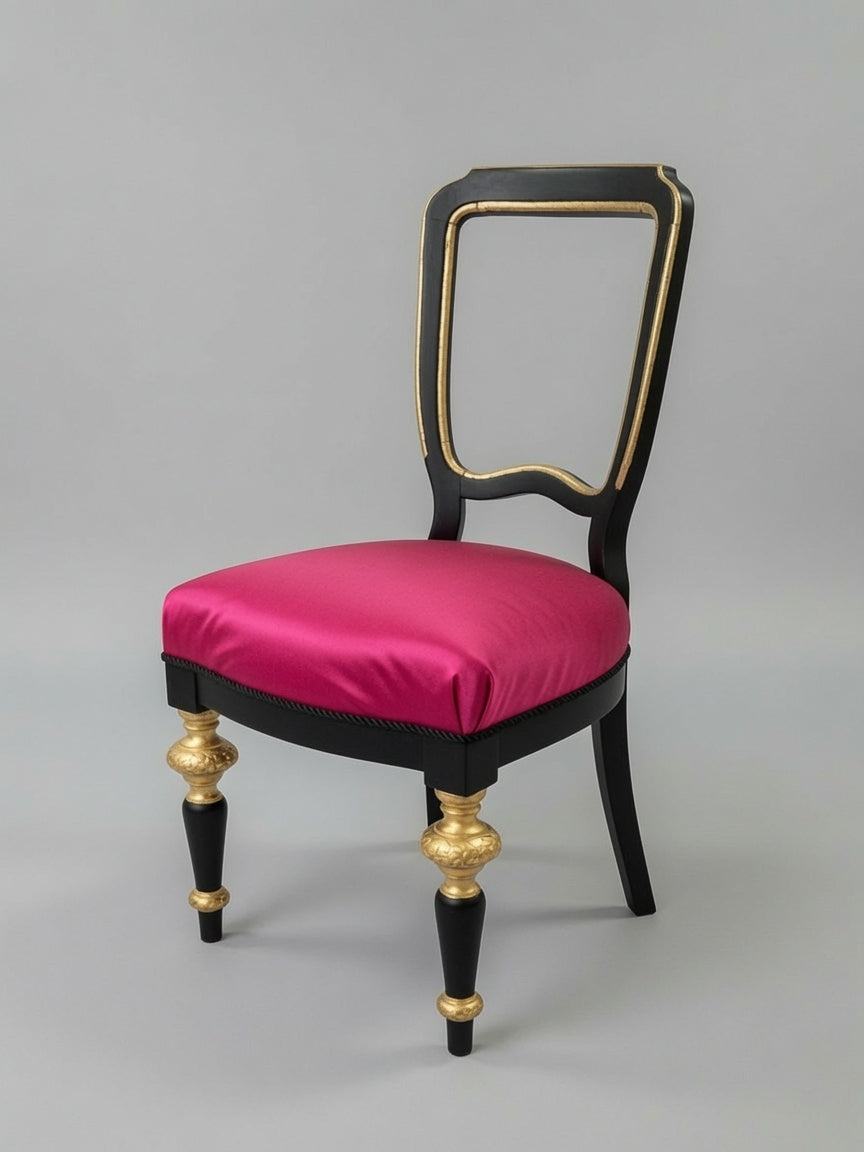 Elegant Black & Gold Accent Chair with Fuchsia Silk Seat | Luxury Statement Dining Chair with Tassels