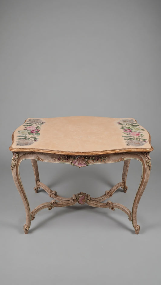 Vintage French Provincial Painted Table | Shabby Chic Floral Console Table | Ornate Rococo Vanity Desk with Hand-Painted Roses