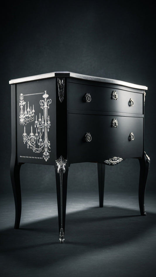 Hand-Painted Black Dresser – Silver Chandelier Motif, Rococo Chest of Drawers