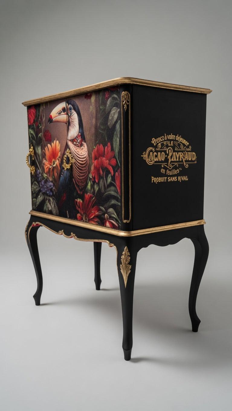 Handmade Toucan Tropical Cabinet | Decoupage Linen-Cotton, Black & Gold Baroque Accent