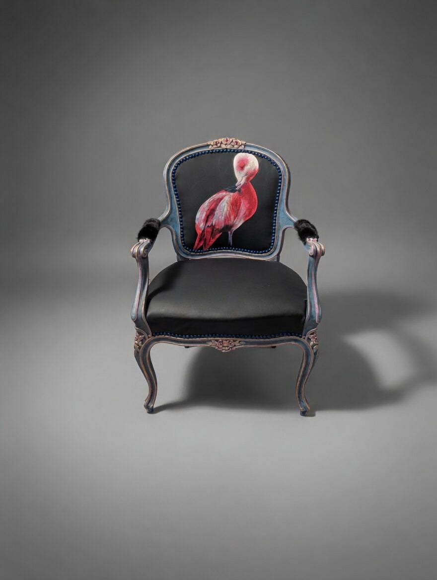 Antique Armchair | Re-Designed| Flamingo Set | Black Leather | Mink Armrests | Handmade | KiyanStudio