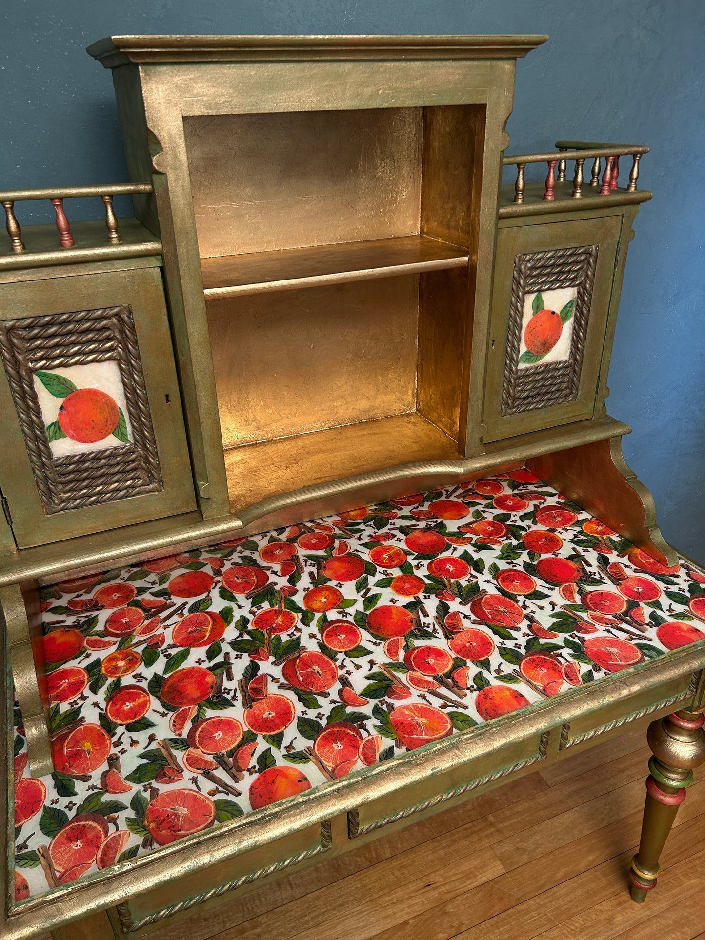 Antique Desk | Re-Designed | Secretary Table | Writing Furniture | Green&Gold Finish | Velvet Interior | Handmade | KiyanStudio