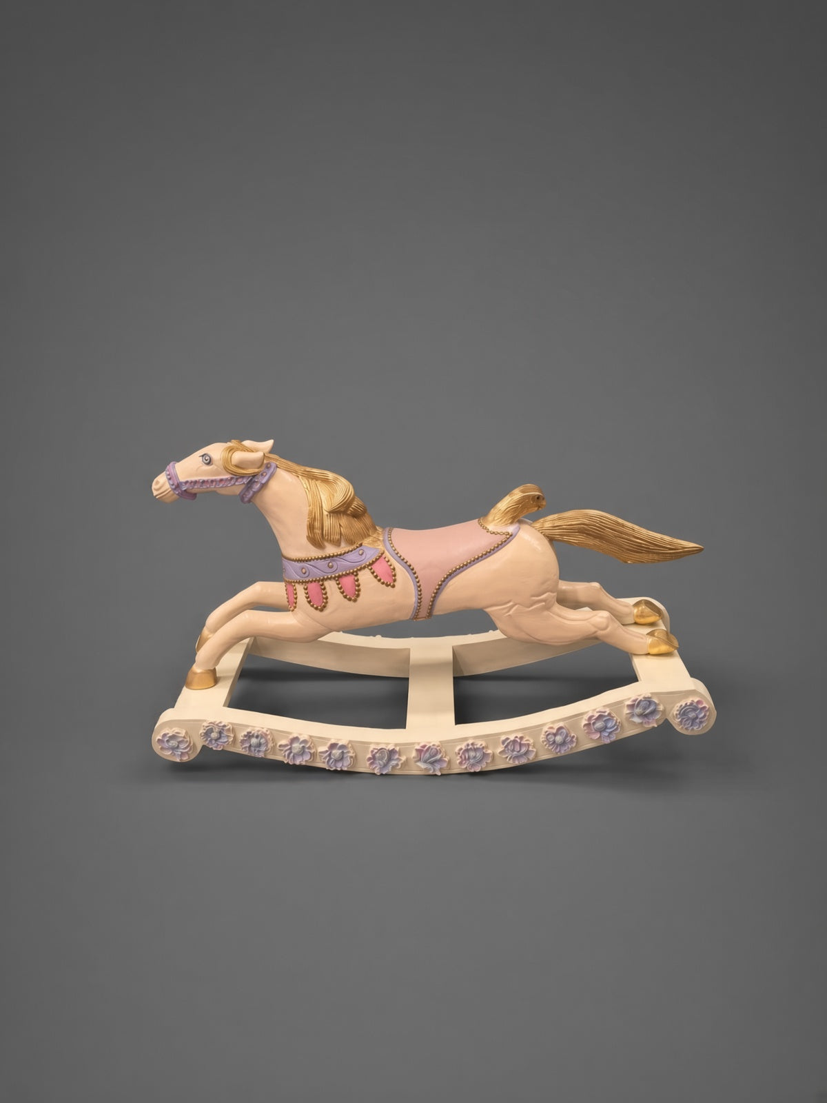 Hand-painted antique rocking horse in cream, pink and gold, Kiyan Studio