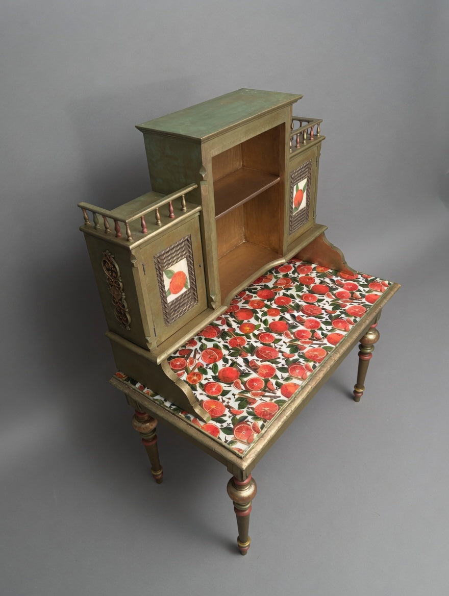 Antique Norwegian Secretary Desk | Restored Gold & Green Fruit Decoupage