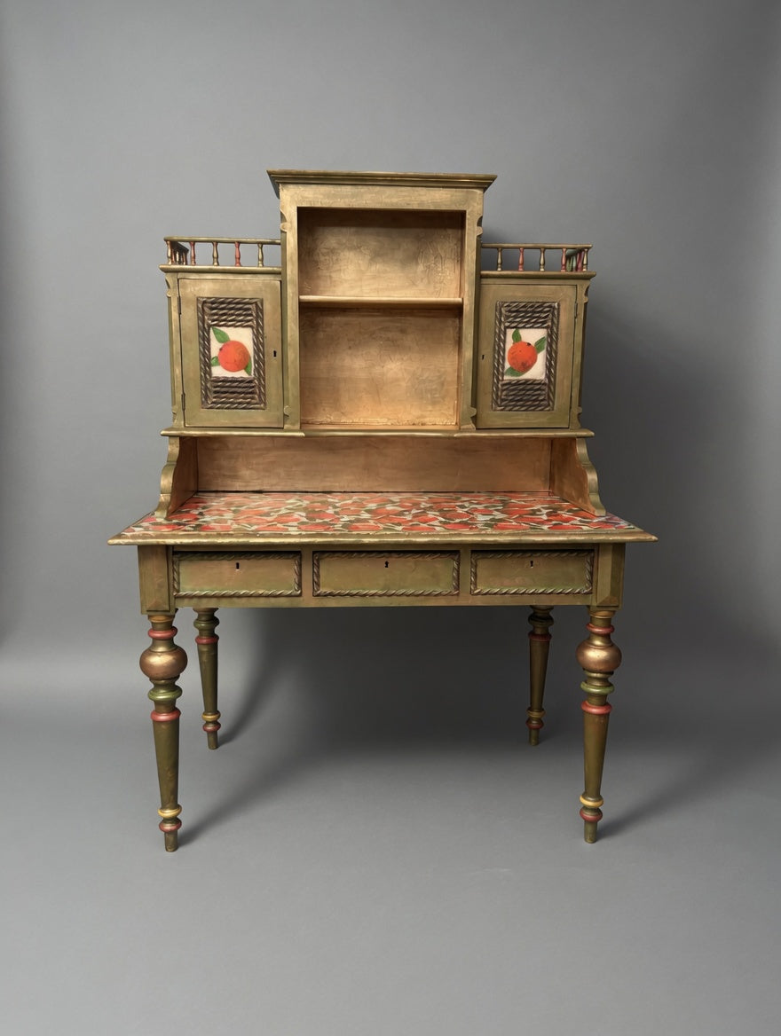 Antique Norwegian Secretary Desk | Restored Gold & Green Fruit Decoupage