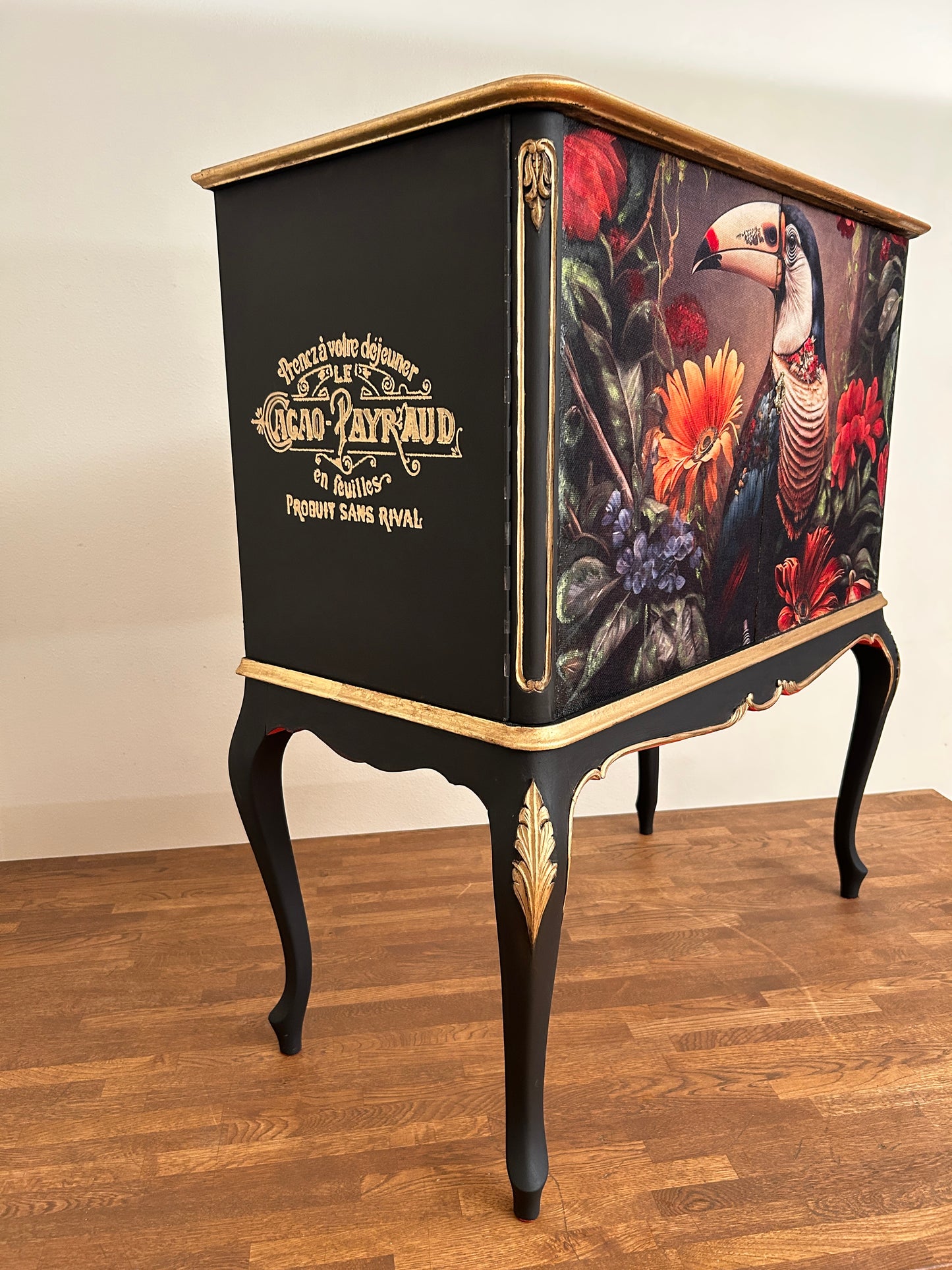 Handmade Toucan Tropical Cabinet | Decoupage Linen-Cotton, Black & Gold Baroque Accent