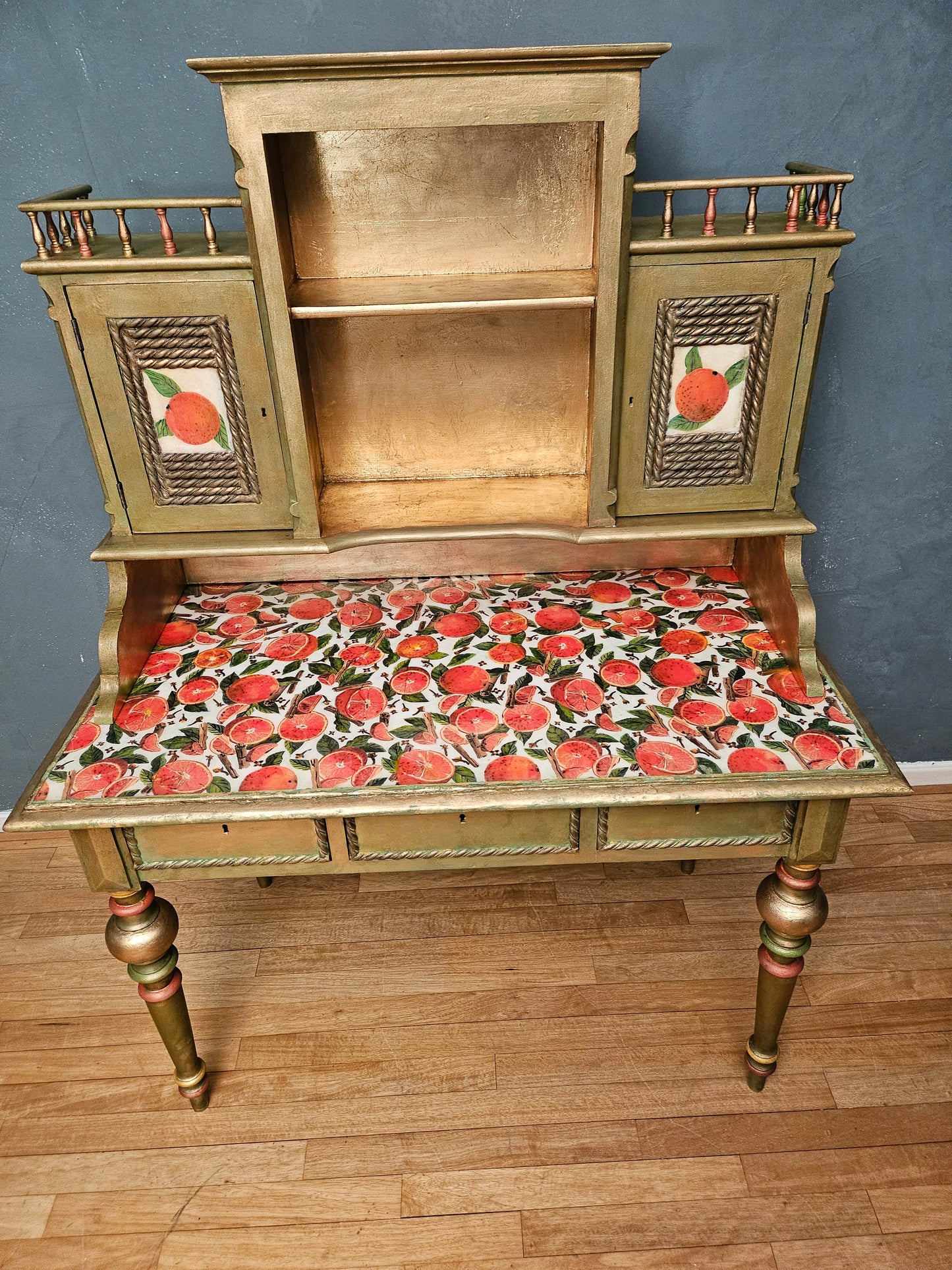 Antique Desk | Re-Designed | Secretary Table | Writing Furniture | Green&Gold Finish | Velvet Interior | Handmade | KiyanStudio