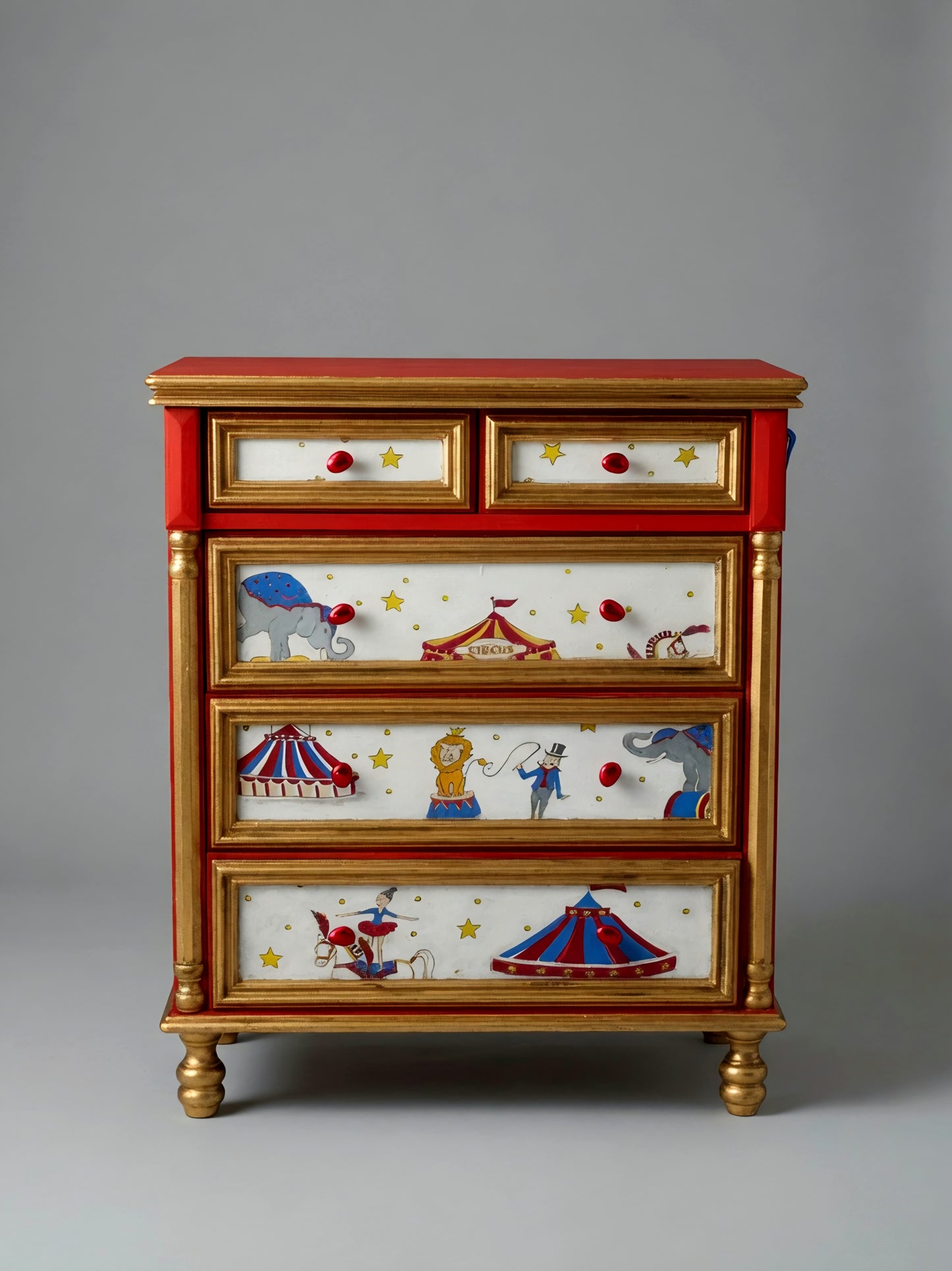 Vintage Circus Dresser | Hand-Painted Circus Theme Chest of Drawers | Red & Gold Circus Nursery or Bedroom Furniture