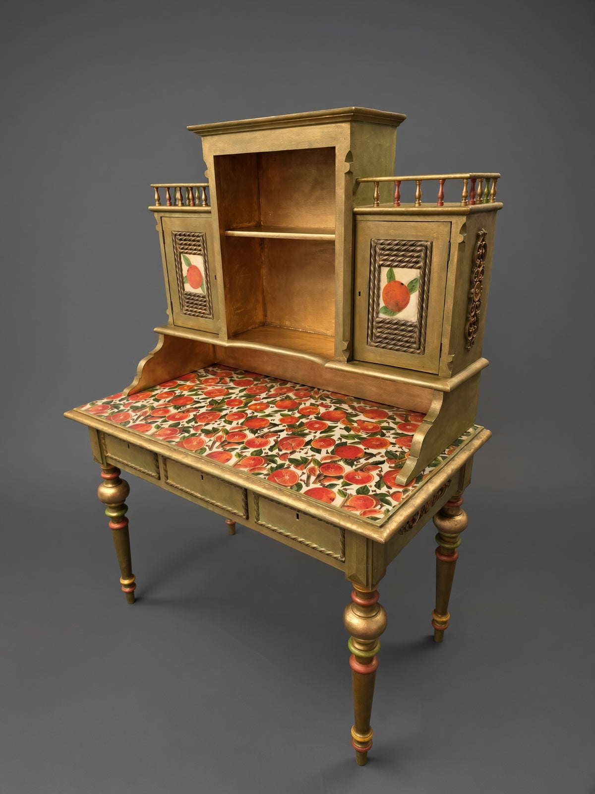 Antique Norwegian Secretary Desk | Restored Gold & Green Fruit Decoupage
