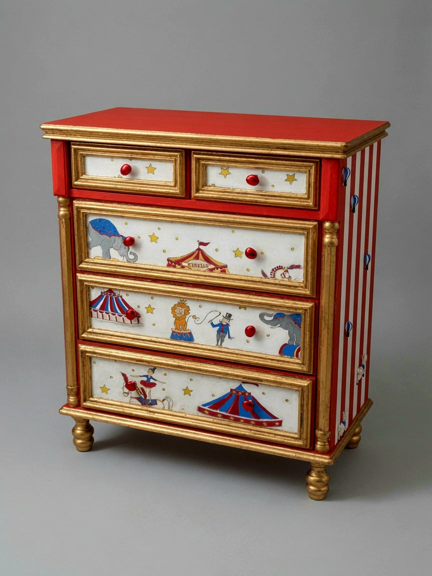 Vintage Circus Dresser | Hand-Painted Circus Theme Chest of Drawers | Red & Gold Circus Nursery or Bedroom Furniture